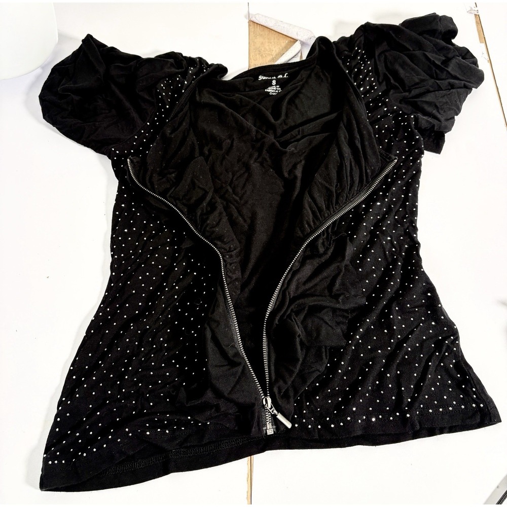 VTg Sunset Rd Black Rhinestone Zip Front Ruffle Blouse Small Whimsigoth Y2K - Picture 5 of 13